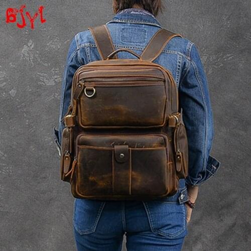 Retro Crazy Horse Leather Mens Backpack Multi-pocket Strap Leather Large Capacity Travel Backpacks Computer Shoulder Bag New