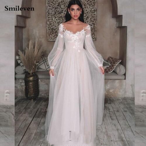 Smileven Boho Wedding Dress A Line Puff Sleeve Appliqued Lace Bridal Dresses Elegant Beach Long Lace Up Back Wedding Gowns