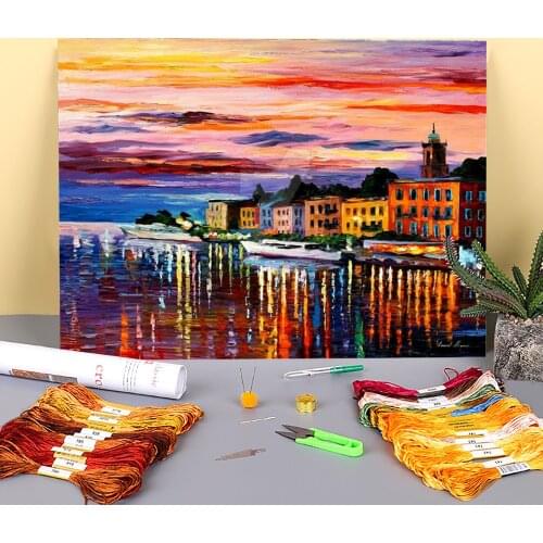 Lake Como Bellagio Printed Fabric 11CT Cross-Stitch DIY Embroidery Complete Kit DMC Threads Handiwork Handmade Package