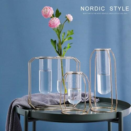 Creative Iron Art Glass Vase Home Decor Golden Hydroponic Plant Flower Vase Terrarium Metal Rack Decoration Flower Ornament Home