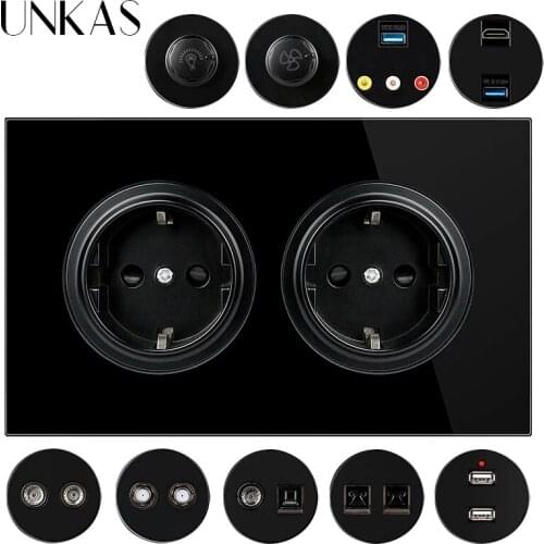 UNKAS Black Dual EU Socket Glass Panel+HDMI-Compatible Port USB Jack TV RJ11 Telephone RJ45 Internet Dimmer Fan Regulator Switch