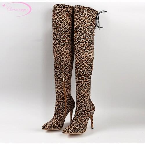 Party sexy pointed toe slimming knee high boots lace-up zipper black green leopard high heel stiletto riding boots womens shoes