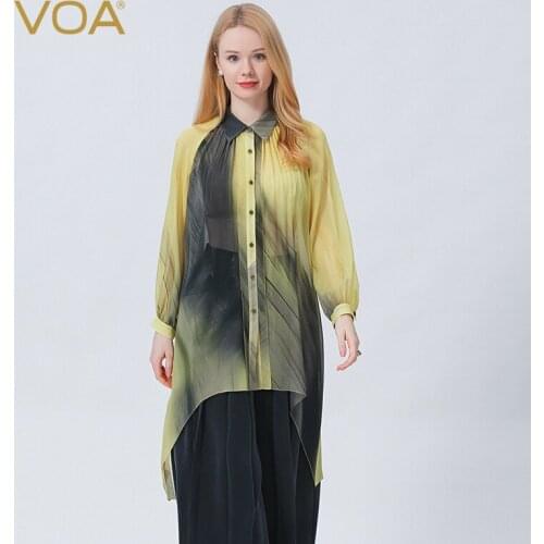 VOA Silk Georgette Gradient POLO Collar Tops Raglan Long Sleeves Pleated Process Front Short Back Long Shirt Female Autumn BE773
