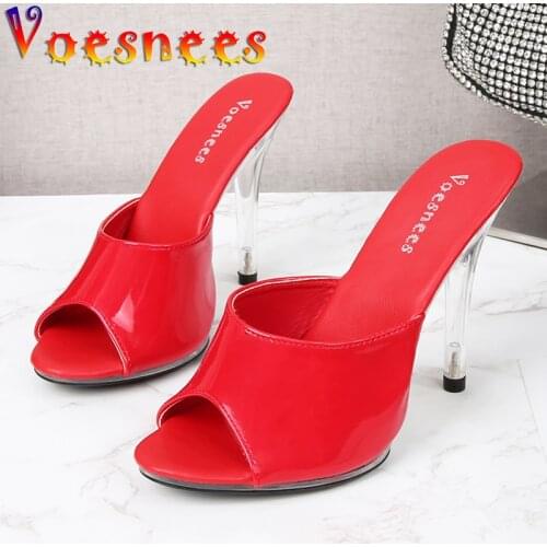 Voesnees Women Slippers 2021 New Patent Leather Sexy Open Toe Sandal Shoes Summer 11CM Transparent Crystal Heel Stiletto Shoes