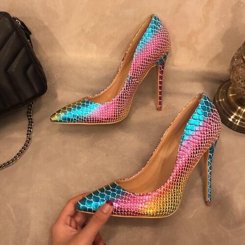 Free shipping fashion women Designer Brand New multi color printed snake point toe high heels pumps shoes Stiletto 33-43cm 12cm