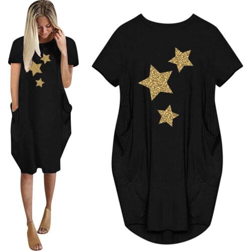 90s Star Clothes Graphic Print Women Summer Casual Loose Dress With Pocket Ladies Fashion O Neck Long Tops Female T Shirt Dress