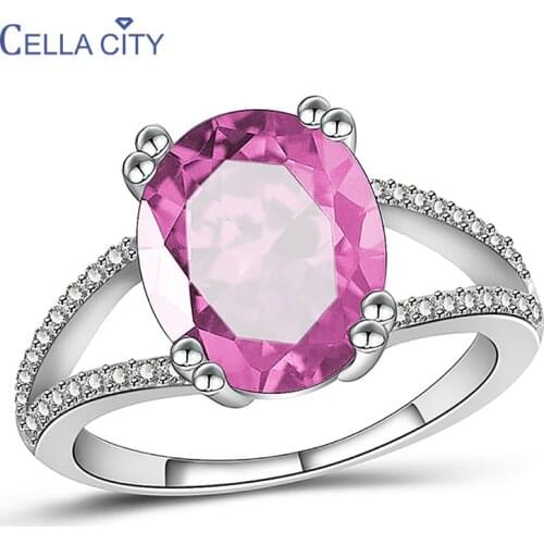 Cellacity Oval Gemstones Ring for Women Geometry Design Silver 925 Jewelry Pink Blue AAA Zircon Female Trendy Anniversary Rings