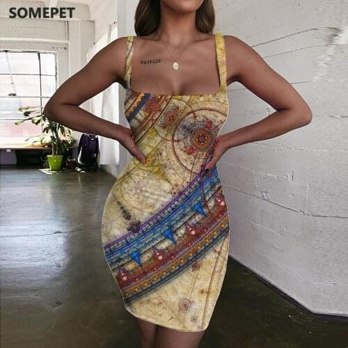 SOMEPET Navigation Dress Women Abstract Bodycon Dress Psychedelic Halter Sleeveless Womens Clothing Club Short Korean Style