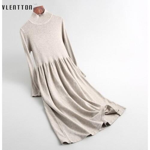 2020 Spring Autumn Turtleneck Sweater Dress Women Casual Long Sleeve High Waist Wool Knitted Pleated Dresses Female Vestidos