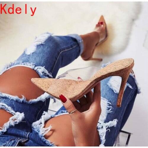 2021 New Fashion PVC Transparent Sexy High Heel Pointed Toe Peep Toe Women Summer Slippers Slip On Women Shoes