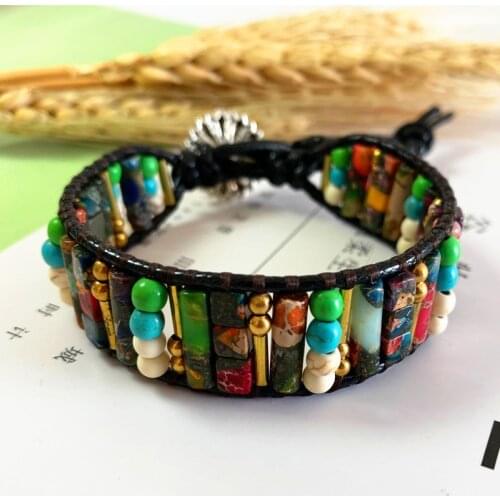 Boho Bracelet Tube Shape Natural Stones Single Leather Wrap Bracelet Semi Precious Stone Beaded Cuff Bracelet Women Dropshpip