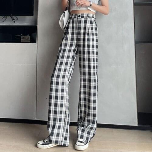 Vintage Plaid Pants Women Wide Leg Loose Straight Trousers Female High Waist Draped Casual Long Pants Elastic Waist Streetwear