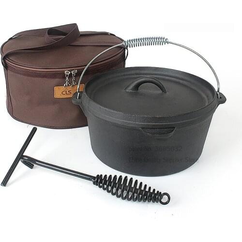 Cast Iron Camping Pot Set with Bag Outdoor Picnic Pot Stew Pot Dutch Oven Uncoated Stew Pots Soup Hanging Pot 25cm