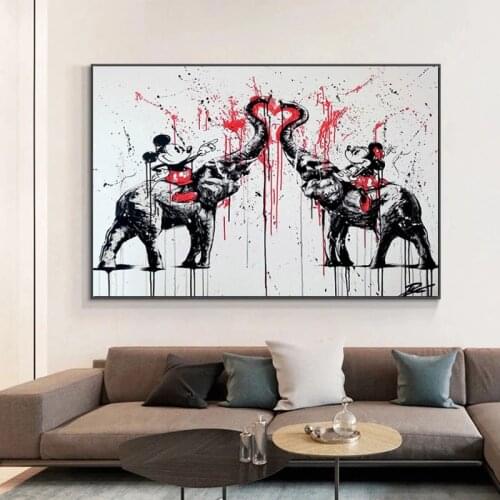 Disney Amine Canvas Painting Mickey Minnie with Elephant Love Posters and Prints Graffiti Wall Art Picture for Living Room Decor