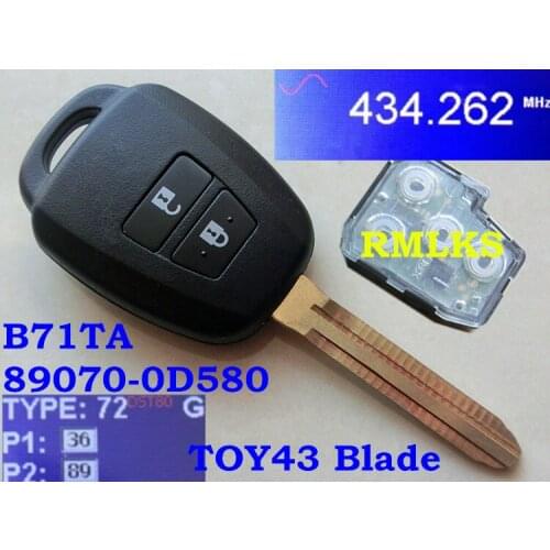 RMLKS 2012-2015 For Toyota Yaris Remote Key Fob 433MHz G H Chip TOY43 Blade FCC ID:89070 OD580 B71TA