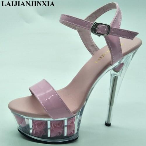 LAIJIANJINXIA New Elegant Ankle Strap Sweet Pink Flower Sole Design Womens Shoes 15CM High Heel Sandals, Wedding Shoes
