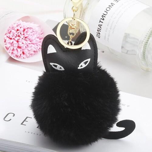 Fashion Jewelry Women Cat Keychains Pompom Soft Fur Ball Furry Key Ring Car Purse Pom Pom Fluffy Cute Kitten Key Chains Handmade