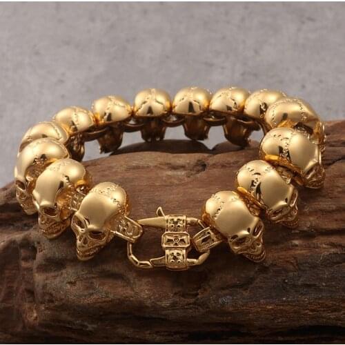 Gold Gothic Skull Bracelet For Biker Rocker Vintage Golden Stainless Steel Men Jewelry Friendship Mens Bracelets Send a gift bag