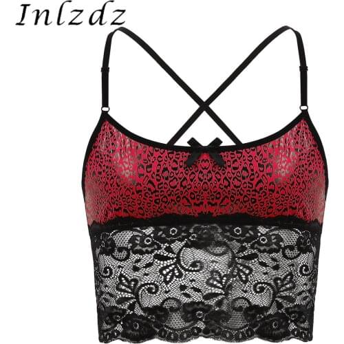 Mens Erotic Sexy Leopard Tank Top Printed Nightwear Adjustable Spaghetti Straps Cross Back Lace Spliced Camisole Vest Crop Tops