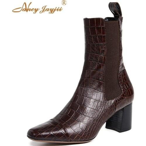 Brown Stone-effect Woman Ankle Boots Cheslsea Ladies Shoes 2021 Winter Autumn Big Size 45 44 Dress Mature Office Career Sexy
