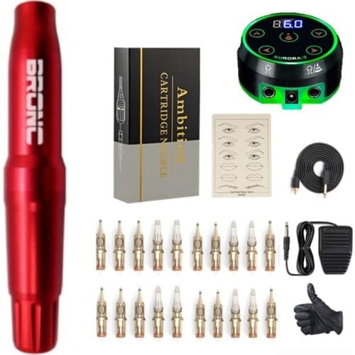 Original Professional Rotary Tattoo Mini Machine Pen BRONC-V4 Swiss Motor With Aurora-2 Power Cartridge Needle Kit For Permanent