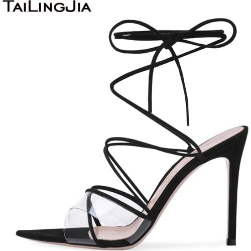 Sexy High Heel Black Strappy Women Clear Sandals Ladies Heeled Summer Pointed Toe Transparent Shoes Stiletto Heels Ankle Wrap