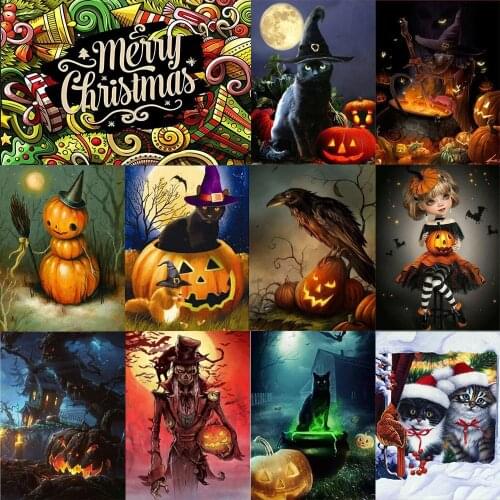 Full Round DIY 5d Diamond Painting cross stitch kit Halloween child Mosaic Cartoon Pumpkin cat Diamond Embroidery Home gift