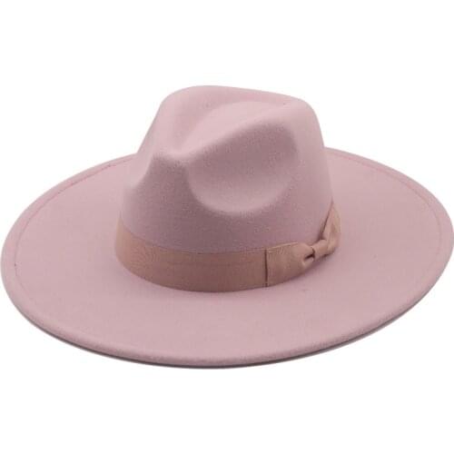 Simple British Style Men Women Winter Bow Wool Fedoras Cap 9.5cm Big Wide Brim Derby Wedding Church Jazz Hats