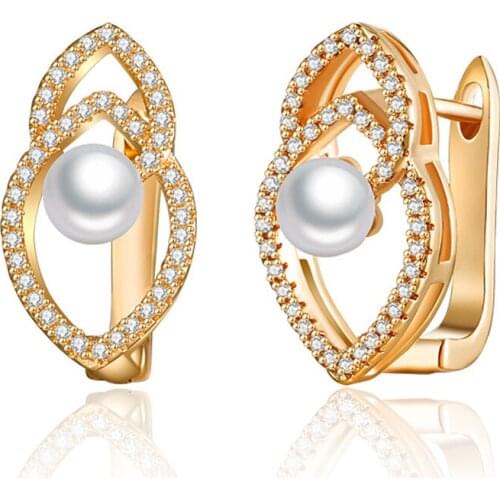 Luxury Gold Pearl Earrings Geometric Cubic Zirconia Stud Earrings with Pearls CZ Women Wedding Party Jewelry Girls Gifts
