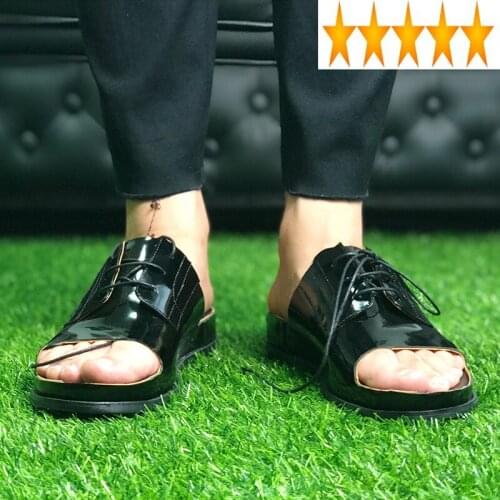Open 2021 Genuine Cow Leather Toe Slippers Black Men Summer Lace Up Flats Outdoor Slip Sandals Beach Flip Flops Big Size