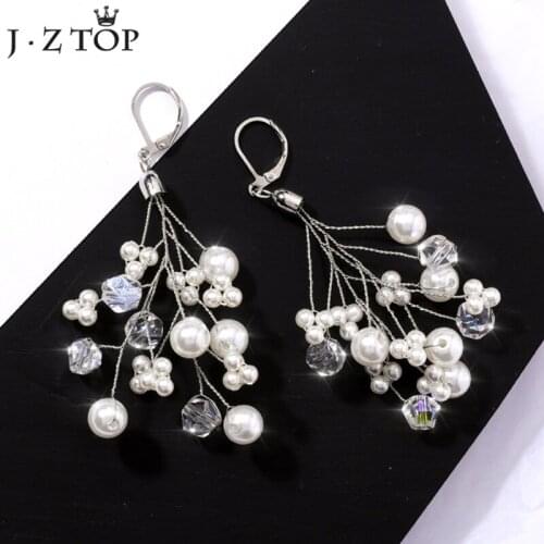 JZTOP Luxury Women Crystal Long Drop Earrings Simulated Pearl Beads Tassel Dangle Earring Fashion Ladies Wedding Brincos Jewelry