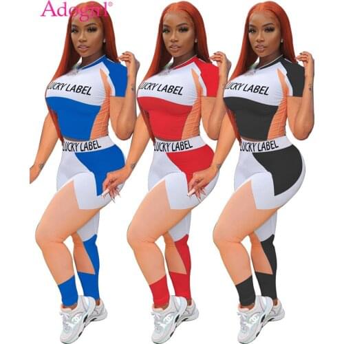 Adogirl Lucky Label Color Patchwork Women Tracksuit Casual Active Two Piece Set Short Sleeve Crop Top Pencil Pants Fitness Suit
