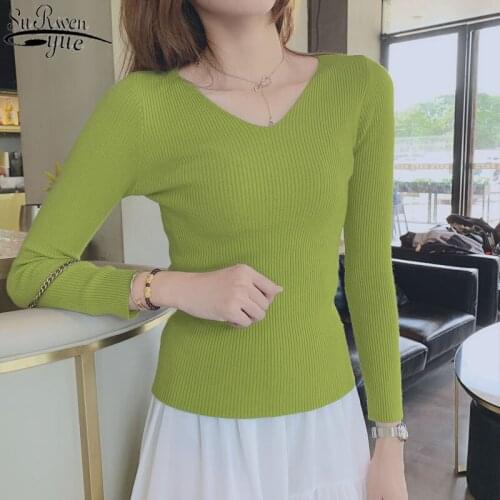 2021 Winter and Autumn Long Sleeve Womans Sweater Solid Color Sexy V Neck Womens Knitwear Korean Slim Pullover Women 10354