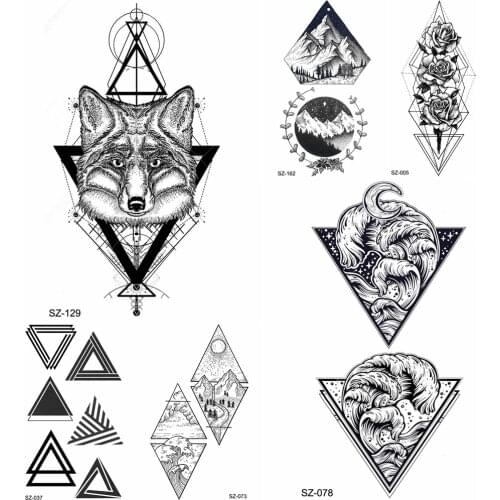 YURAN 3D Triangle Fox Temporary Tattoo Stickers Geometric Spray Water Transfer Tatoo Women Arm Men Totem Fake Tattoo Black Sea