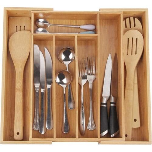 Retractable Bamboo Drawer Organizer Storage Box for Kitchen Tableware Cutlery Storage Tray
