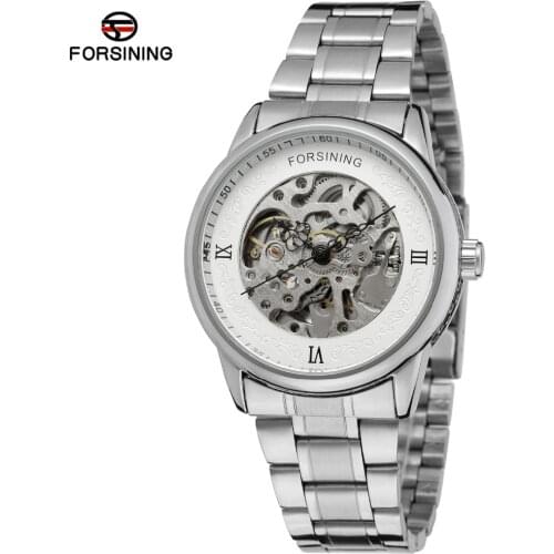 Forsining Brand Hollow Tourbillon Mechanical Steel Band Women Watch Business Elegant Dress Ladies Clock Reloj Hombre