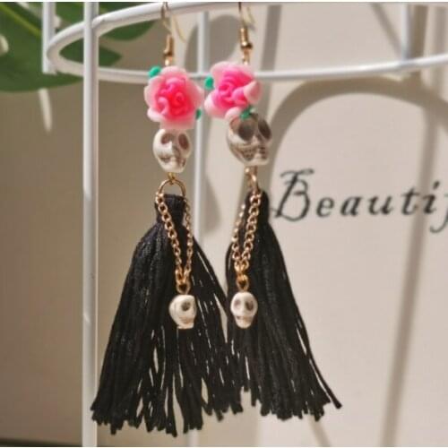 Lady Skulls with Black Tassels Dangle Earrings,Skull Dangle Earrings,Women New Fashion,day of The Dead Jewelry