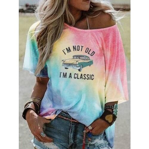 Shirts for Women One Shoulder Tops Tie Dye Shirts Half Sleeve Loose Tshirts Streetwear Sexy Top 2021 Summer Woman Tshirts