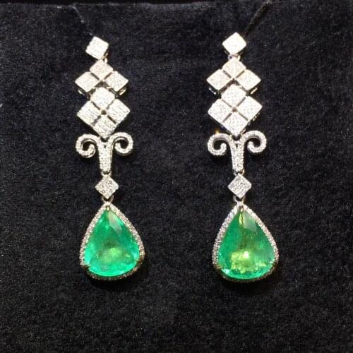 P115 Fine Jewelry Real 18K Gold Green Emerald 3.95ct Gemstones Diamonds Female Drop Earrings for Women Fine Earrings