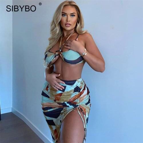 Sibybo Summer Print Cut Out Top And Beach Skirt Set 2 Piece Sets Womens Outfits Femme Sexy Drawstring Mini Skirts Bathing Suit