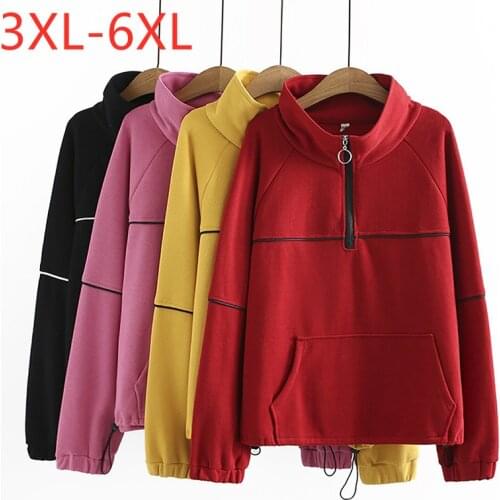 New 2021 Ladies Autumn Winter Plus Size Sweatshirt For Women Large Long Sleeve Red Cotton Pocket Pullover Coat 3XL 4XL 5XL 6XL
