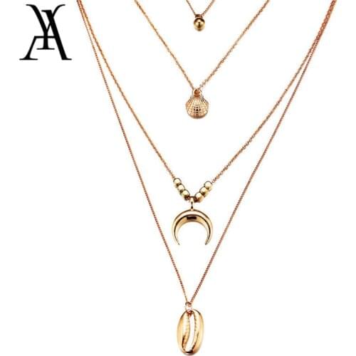 Boho Multi Layered Cowrie Shell Pendant Necklace for Women Gold Color Horn Crescent Moon Necklaces Choker Ocean Beach Jewelry