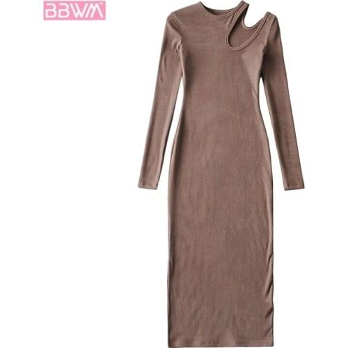 Long Sleeve Slit Cutout Round Neck Pullover Womens Dress Vintage Threaded Slim Hip-Knit Bottom Skirt Chic Female Dresses