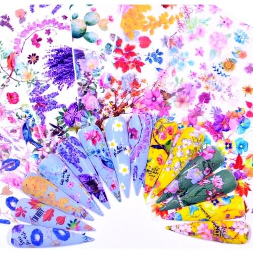 YZWLE 10PCS Colorful Flowers Laser Matte Nail Transfer Foils Nail Art Polish Wraps Decals DIY Nail Beauty Stickers Accessories