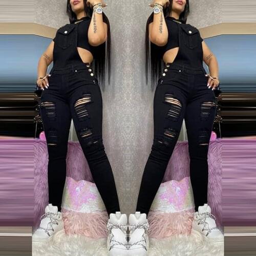 2021 Spring Solid Black Cutout Buttoned Pocket Sleeveless Casual Suspender Pants One Piece Womens Clothes Tight Strap Jumpsuits