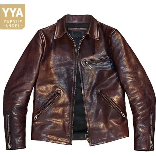 Brand Classic Motorcycle Jacket Men Japanese Vintage Slim Fit Pilot Bomber Jackets Zipper Lapel Cowhide Genuine Leather Coats