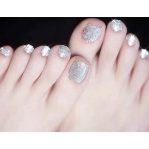 24Pcs/Box Toenails Shining White Handmade Flat Fake Nails With Glue Decorations Art Tips Toes Short Length False Nail Fashion