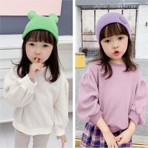 Kids Autumn Winter Clothes Sweatshirt Fashion Korean Style Solid Puff Sleeve Sweatshirt for Baby Girl 2-7 Y Child Casual Hoodies