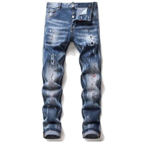 The New ragged paint mens self-cultivation ripped multi-badge stretch D2 jeans skinny beggar pants