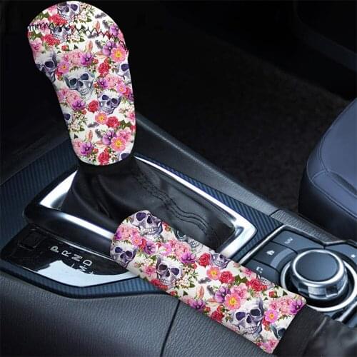 INSTANTARTS Fashion Sugar Skull Pattern Car Protector Car Hand Brake Lever Covers Easy to Install Hand Brake Cover for Ladies